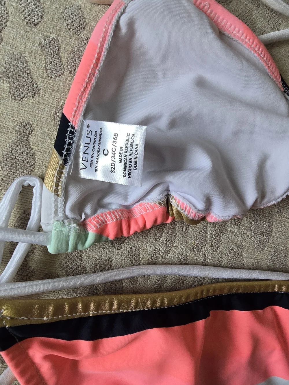 VENUS Swimwear Coral, Mint, Balck & Gold Stripe Tie Bikini Set, NWOT